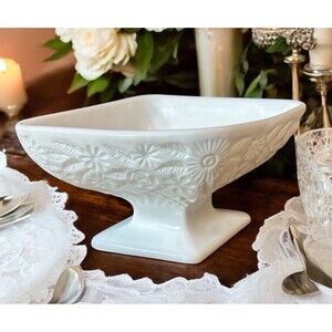 White Milk Glass Pedestal Bowl Candy Dish Diamond Shaped Daisy Floral Footed Vtg